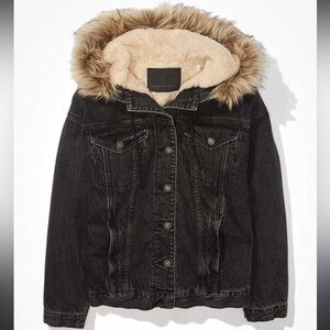 American Eagle Black Denim Jacket with Faux Fur Trim